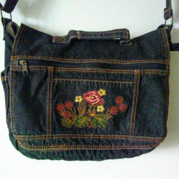 Handbags - Denim Hairon Flap Floral Embroidered Crossbody Bag